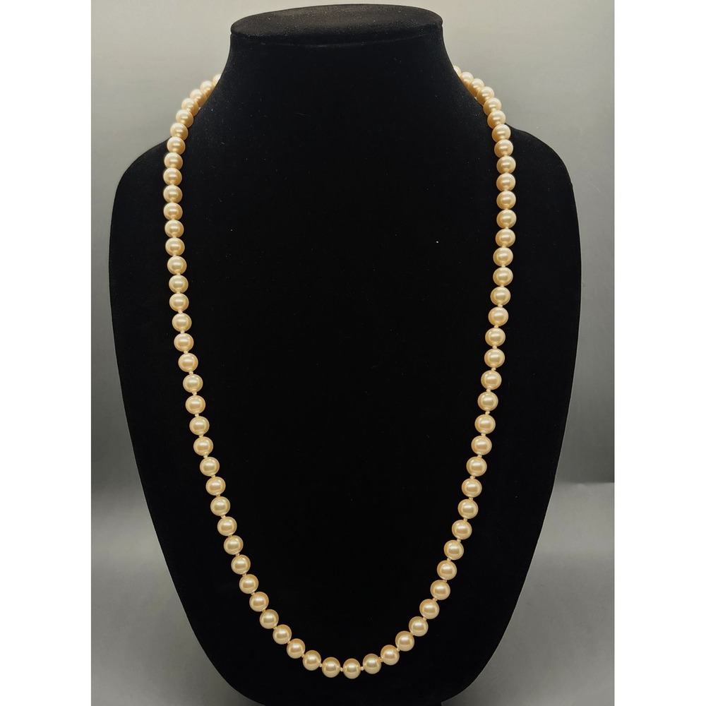 Classic Single Strand Pearl Necklace 30" Opera Length Creamy Champagne Gold Tone